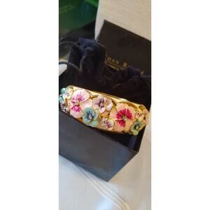 Vintage Joan Rivers Pink & Green Enamel Gold Tone Hinged Bangle Bracelet Signed